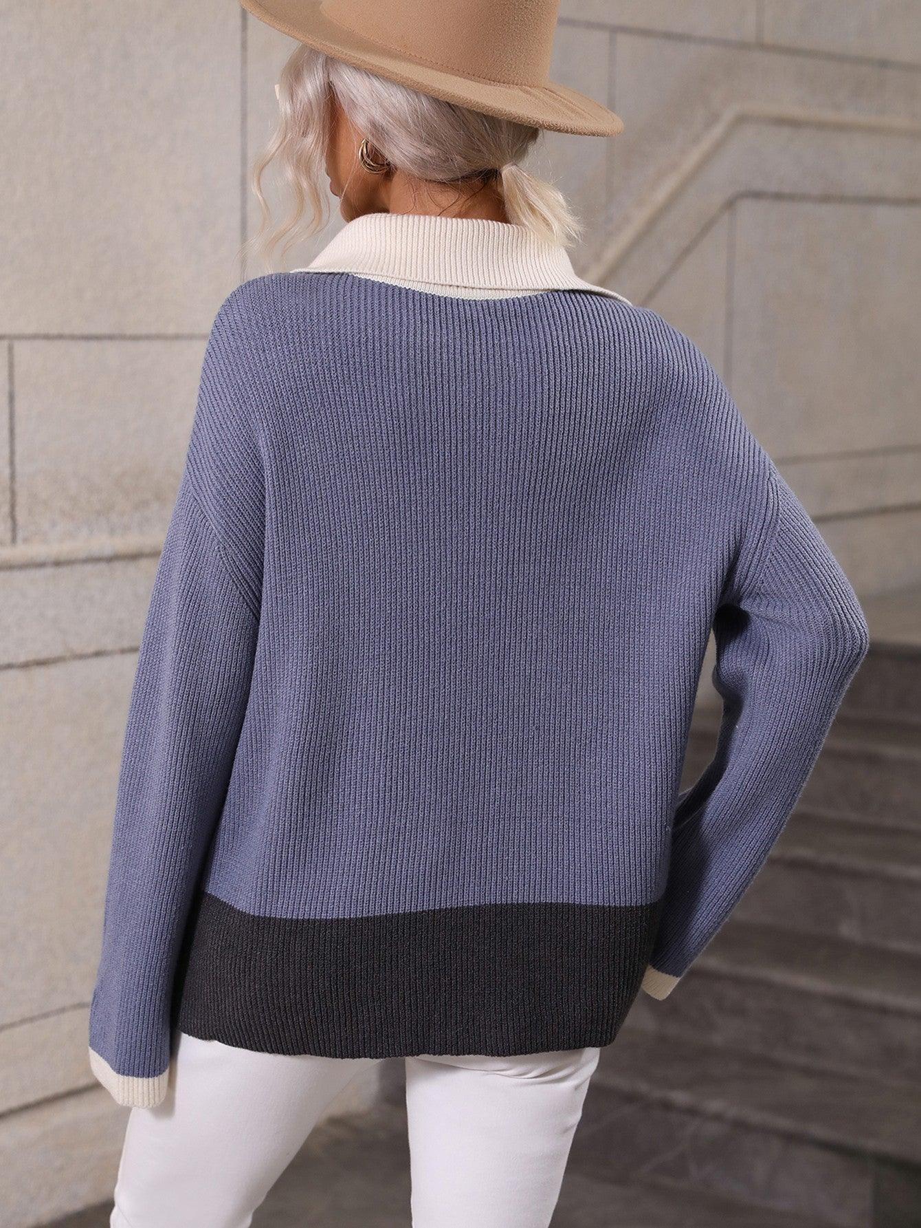 Color Block Half-Zip Dropped Shoulder Knit Pullover - Trendsi