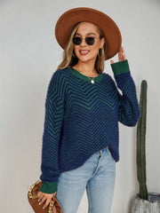 Striped Round Neck Dropped Shoulder Sweater - Flyclothing LLC