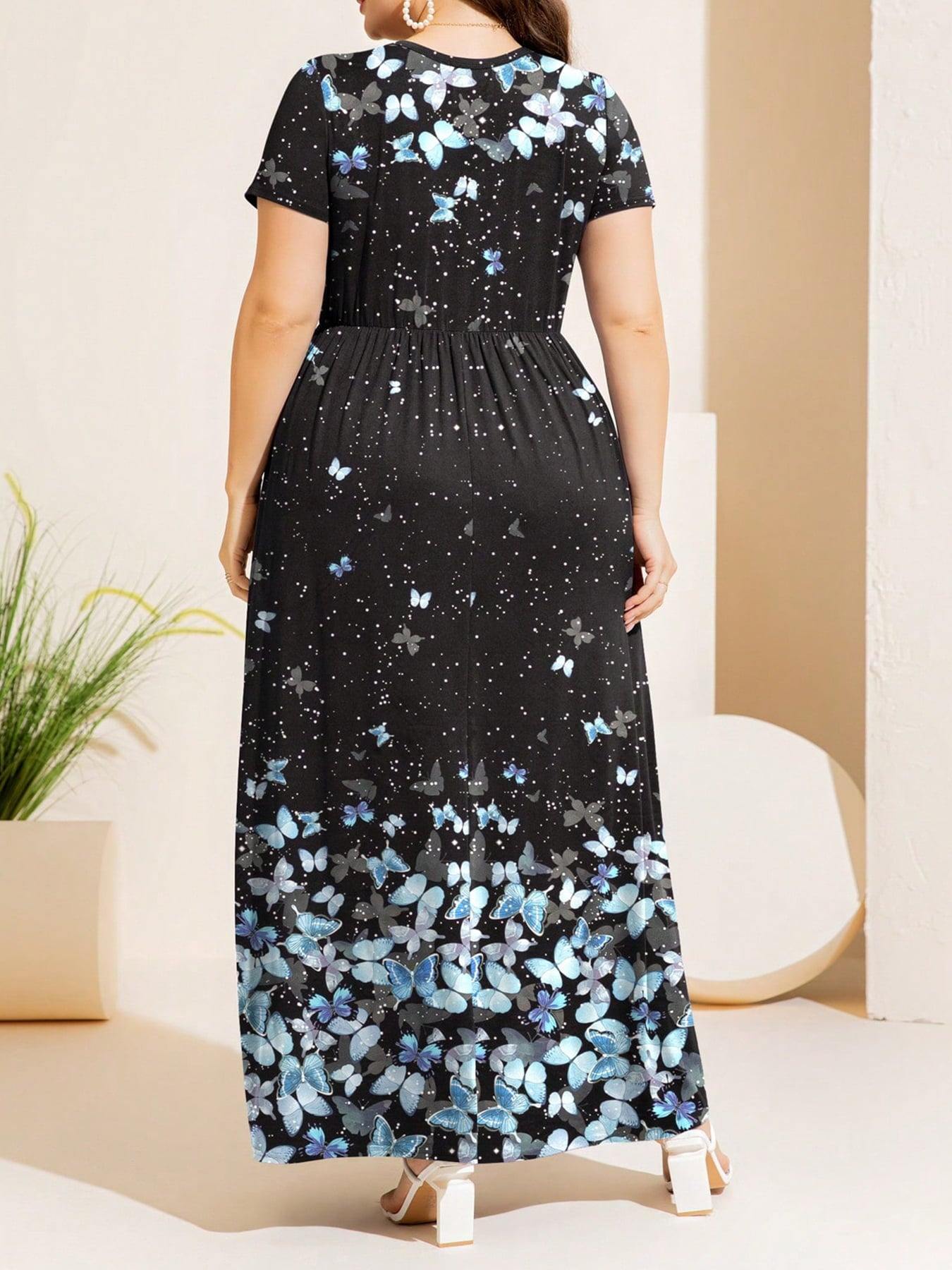 Plus Size Printed Round Neck Short Sleeve Maxi Dress - Flyclothing LLC