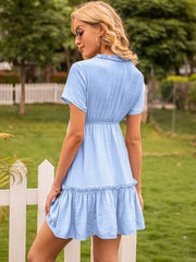 Frill V-Neck Short Sleeve Ruffle Hem Dress - Flyclothing LLC