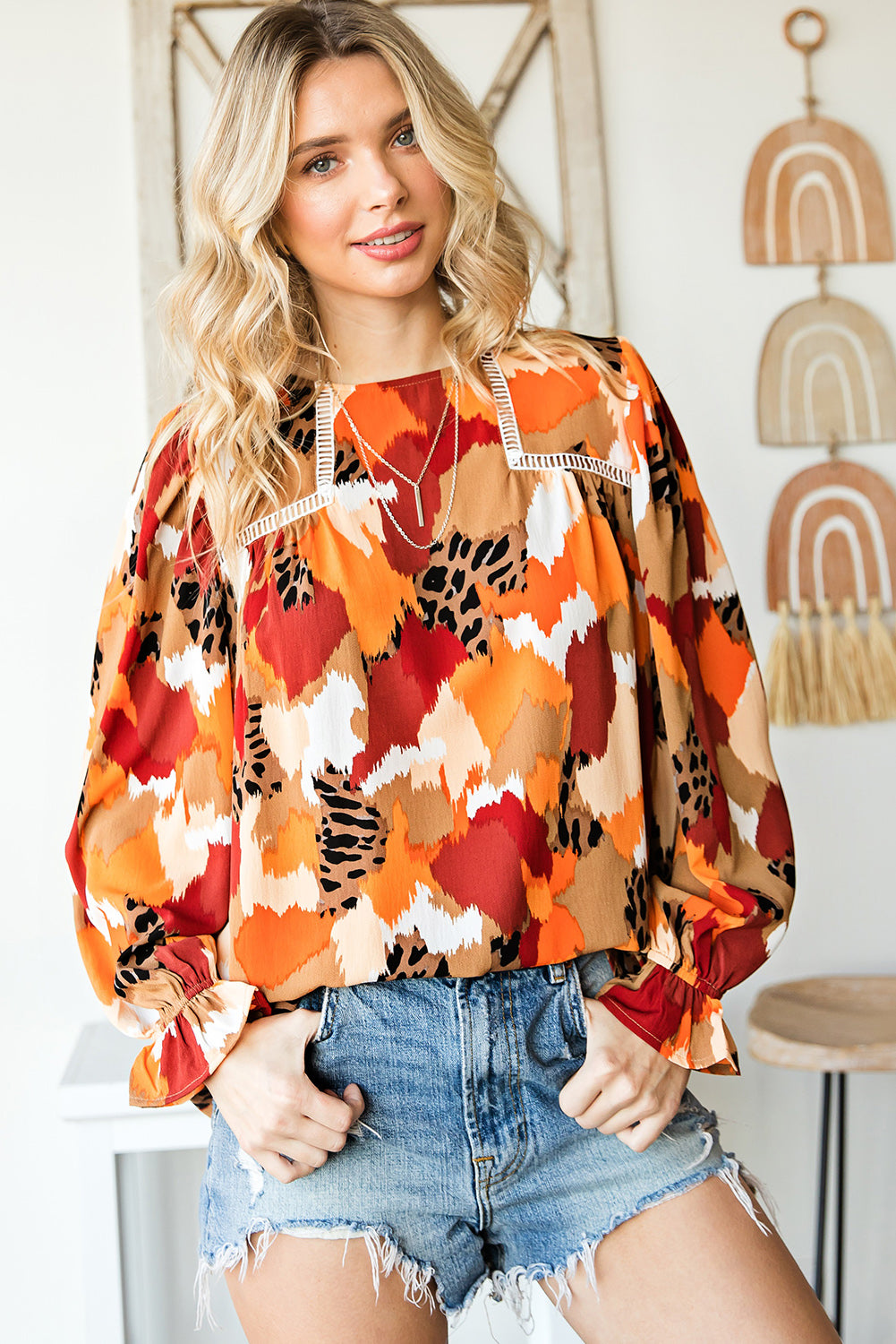 Printed Flounce Sleeve Buttoned Blouse - Flyclothing LLC