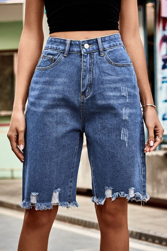 Raw Hem High Waist Denim Shorts with Pockets - Flyclothing LLC