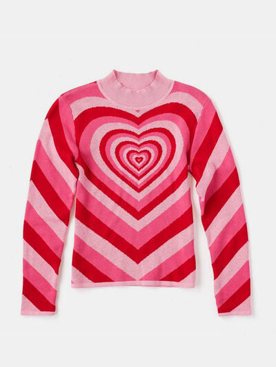 Heart Mock Neck Long Sleeve Sweater - Flyclothing LLC