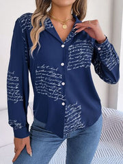 Letter Printed Button Up Long Sleeve Blouse - Flyclothing LLC