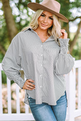 Striped Lantern Sleeve Collared Shirt - Flyclothing LLC