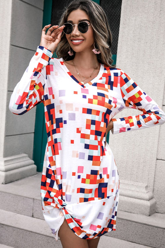 Rainbow Checker Twisted Long Sleeve Dress - Flyclothing LLC