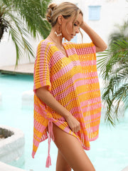 Tassel Openwork Striped V-Neck Cover Up - Flyclothing LLC