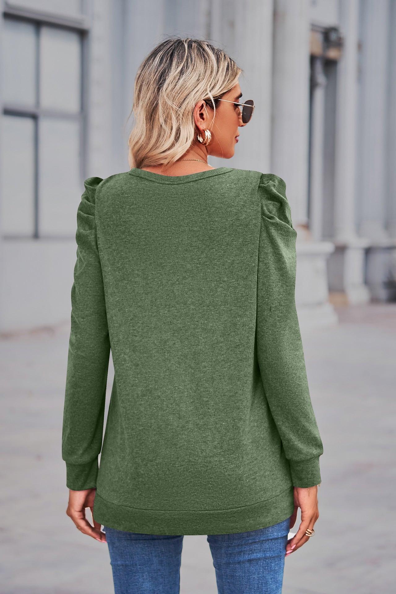 Heathered Puff Sleeve Round Neck Tunic Top - Trendsi