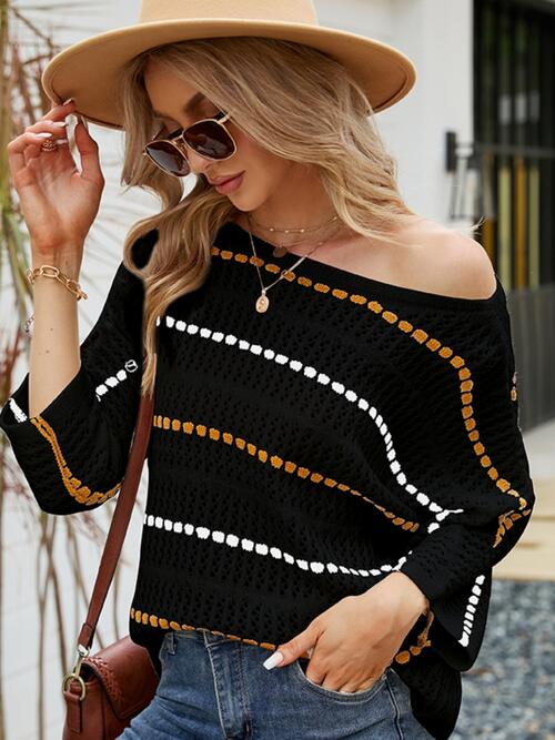 Eyelet Striped Round Neck Knit Top - Flyclothing LLC