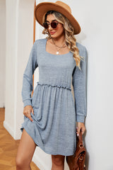 Frill Square Neck Long Sleeve Dress - Flyclothing LLC