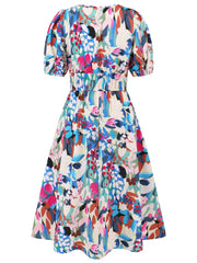 Ruched Printed Surplice Short Sleeve Dress - Flyclothing LLC