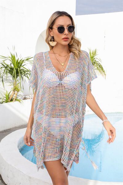 Openwork Slit V-Neck Cover Up - Flyclothing LLC