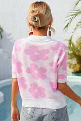 Floral Johnny Collar Half Sleeve Knit Top - Trendsi