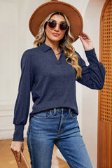 Decorative Button Johnny Collar Lantern Sleeve Blouse - Flyclothing LLC