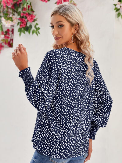 Printed V-Neck Lantern Sleeve Blouse - Flyclothing LLC