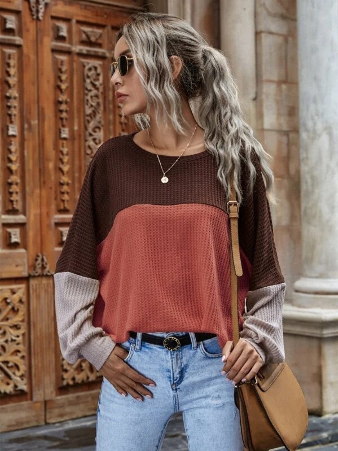 Color Block Waffle-Knit Long Sleeve Top - Trendsi