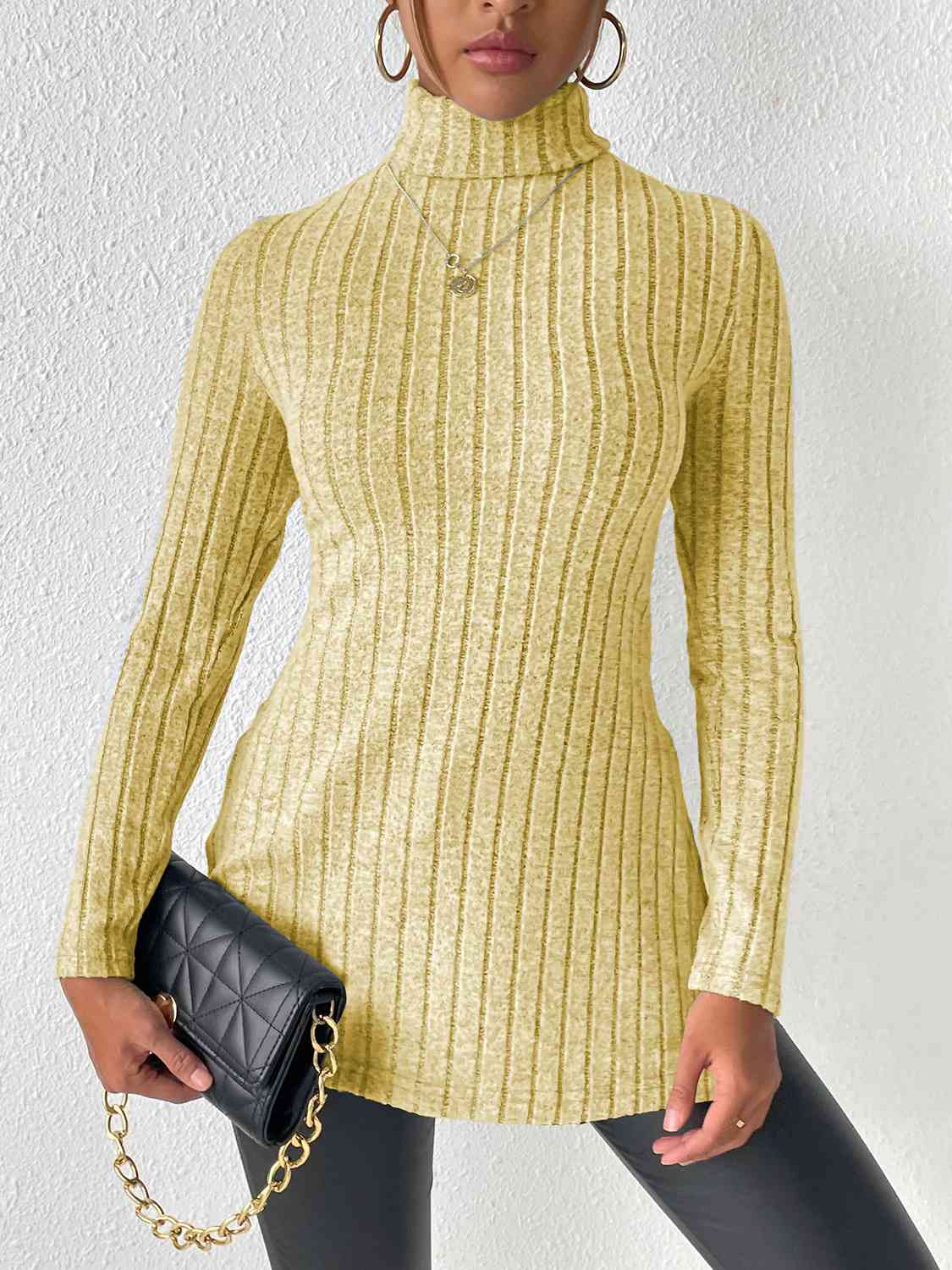 Ribbed Turtleneck Long Sleeve Slit T-Shirt - Flyclothing LLC