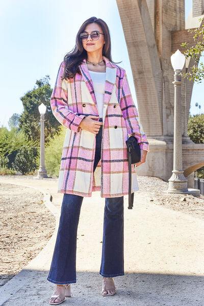 Double Take Full Size Plaid Button Up Lapel Collar Coat - Flyclothing LLC