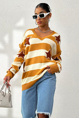 Star Pattern V-Neck Cutout Sweater - Flyclothing LLC