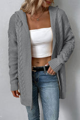 Cable-Knit Dropped Shoulder Hooded Cardigan - Flyclothing LLC