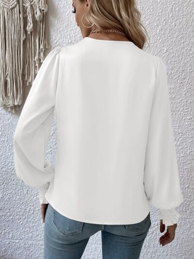 Surplice Smocked Lantern Sleeve Blouse - Flyclothing LLC