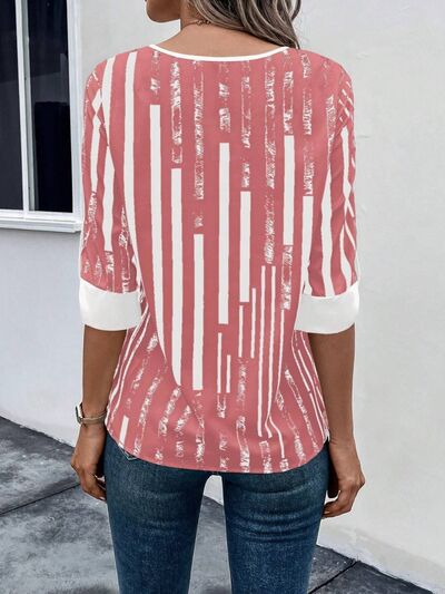 Striped Notched Half Sleeve Blouse - Flyclothing LLC