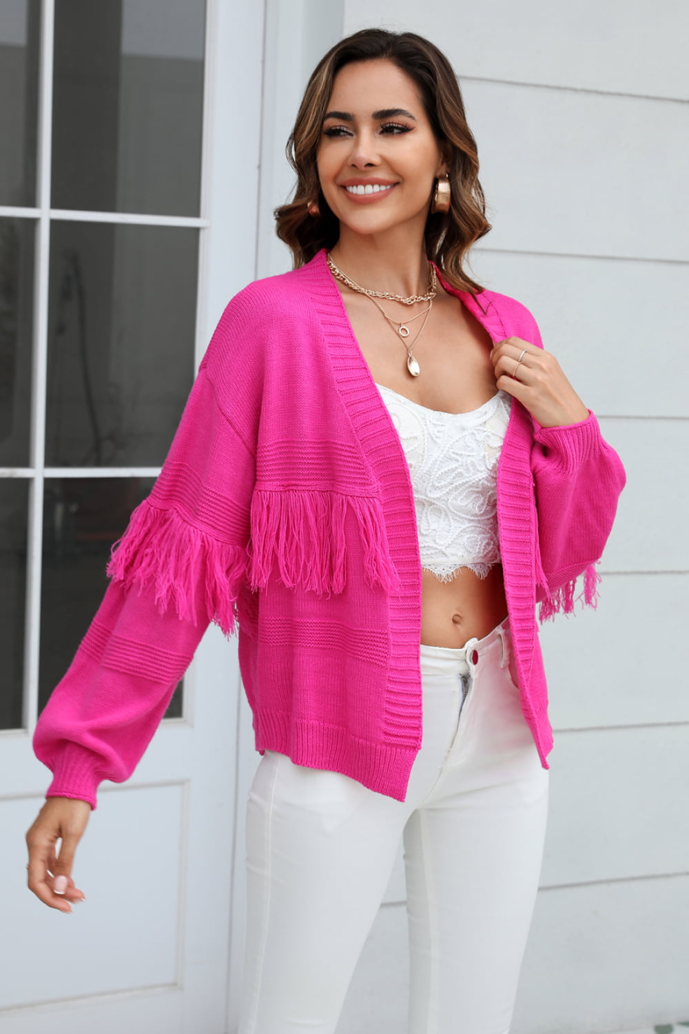 Fringe Trim Open Front Cardigan - Flyclothing LLC