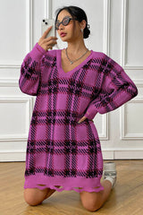 Plaid V-Neck Long Sleeve Sweater Dress - Flyclothing LLC