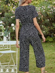 Printed V-Neck Short Sleeve Jumpsuit - Flyclothing LLC