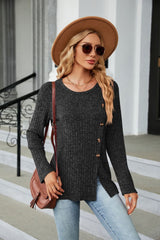 Buttoned Long Sleeve Slit Top - Flyclothing LLC