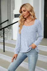 Ribbed Square Neck Long Sleeve T-Shirt - Flyclothing LLC