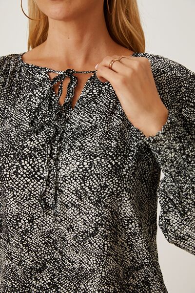 Printed Tie Neck Lantern Sleeve Blouse - Flyclothing LLC