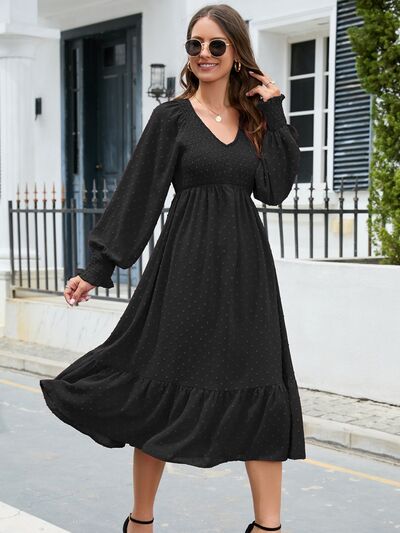 Swiss Dot V-Neck Smocked Lantern Sleeve Ruffle Hem Dress - Flyclothing LLC