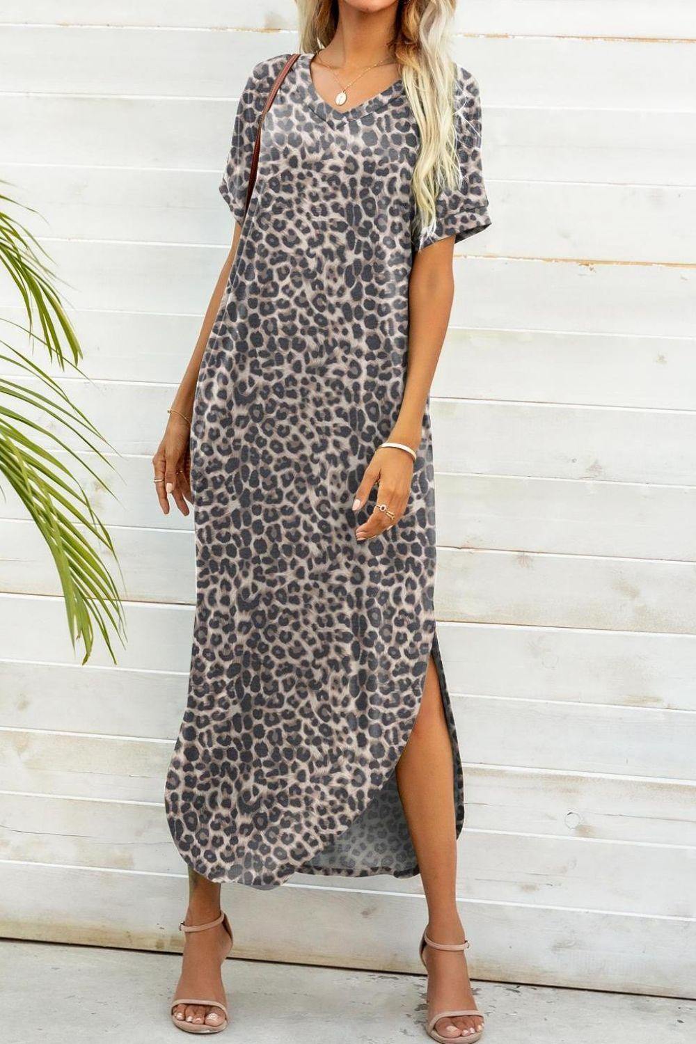 Printed V-Neck Curved Hem Dress - Flyclothing LLC