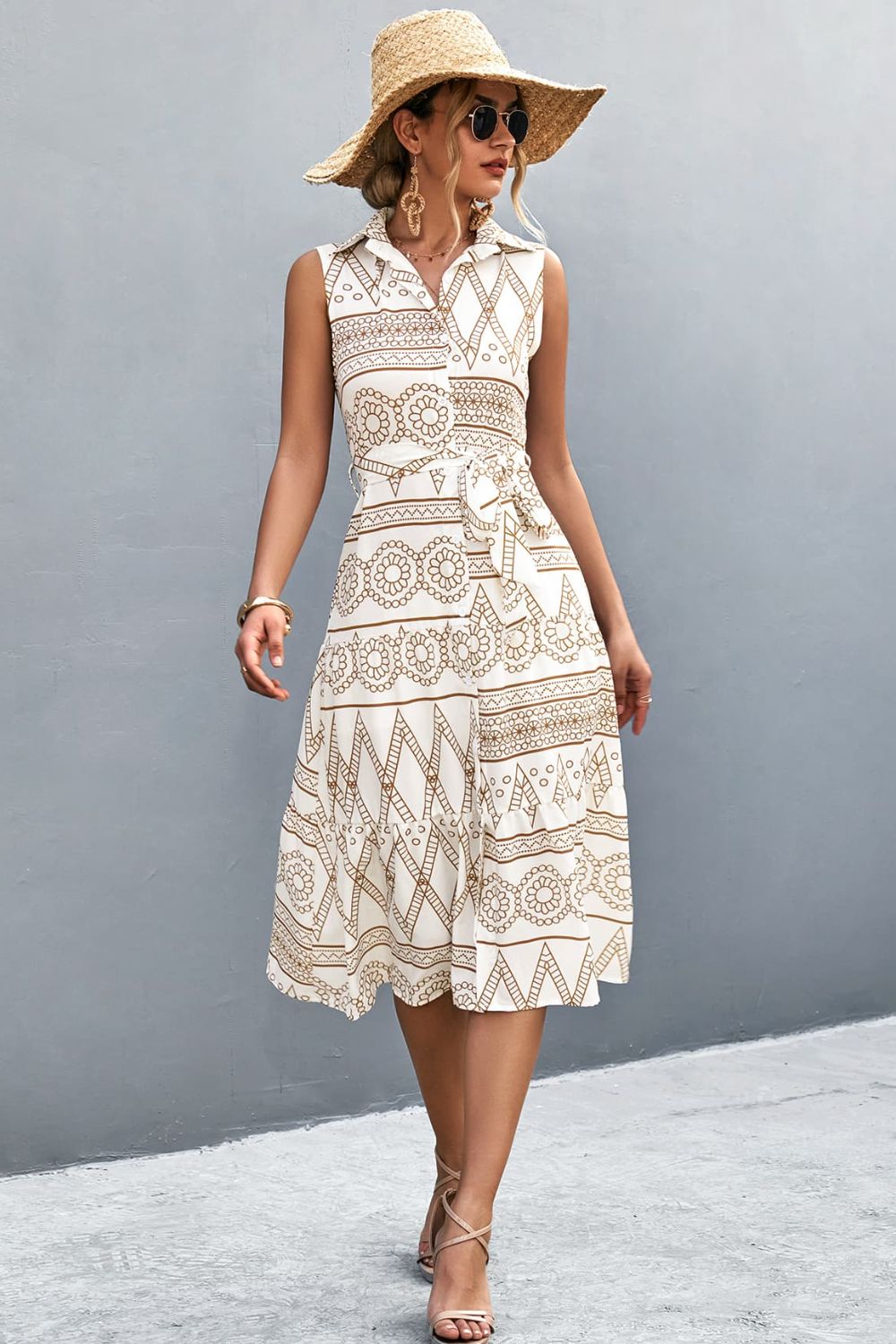 Printed Button Front Tie-Waist Sleeveless Collared Dress - Flyclothing LLC