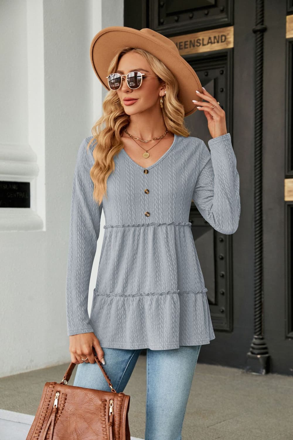 Long Sleeve V-Neck Cable-Knit Blouse - Flyclothing LLC