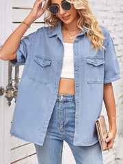 Collared Neck Short Sleeve Denim Jacket - Flyclothing LLC