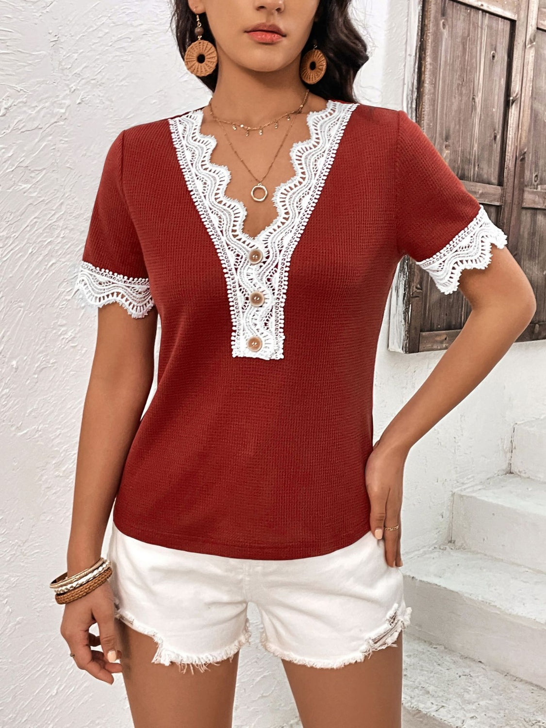 Lace Detail V-Neck Short Sleeve T-Shirt - Flyclothing LLC