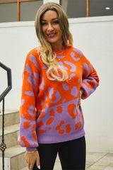 Leopard Round Neck Dropped Shoulder Sweater - Flyclothing LLC