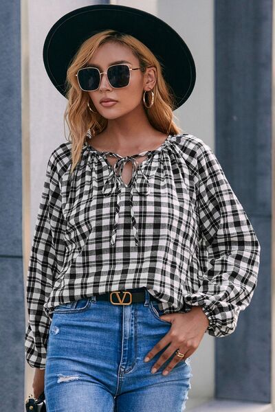 Plaid Tie Neck Balloon Sleeve Blouse - Flyclothing LLC