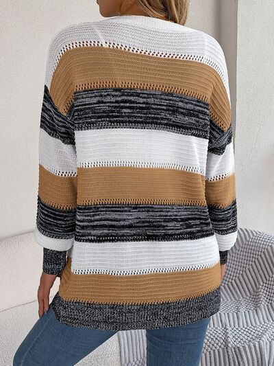 Openwork Striped Open Front Cardigan - Flyclothing LLC