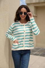 Striped Round Neck Button-Down Dropped Shoulder Cardigan - Flyclothing LLC