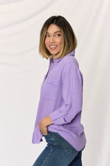 Zenana Texture Button Up Raw Hem Long Sleeve Shirt - Flyclothing LLC