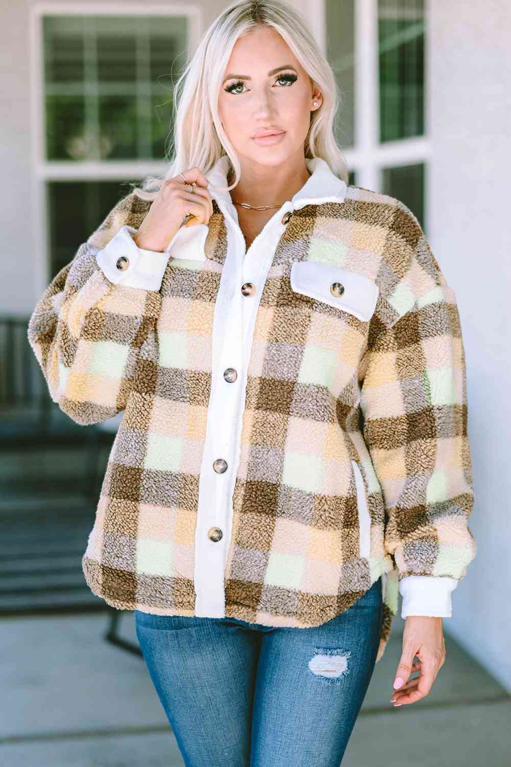 Plaid Collared Neck Button Down Jacket - Flyclothing LLC