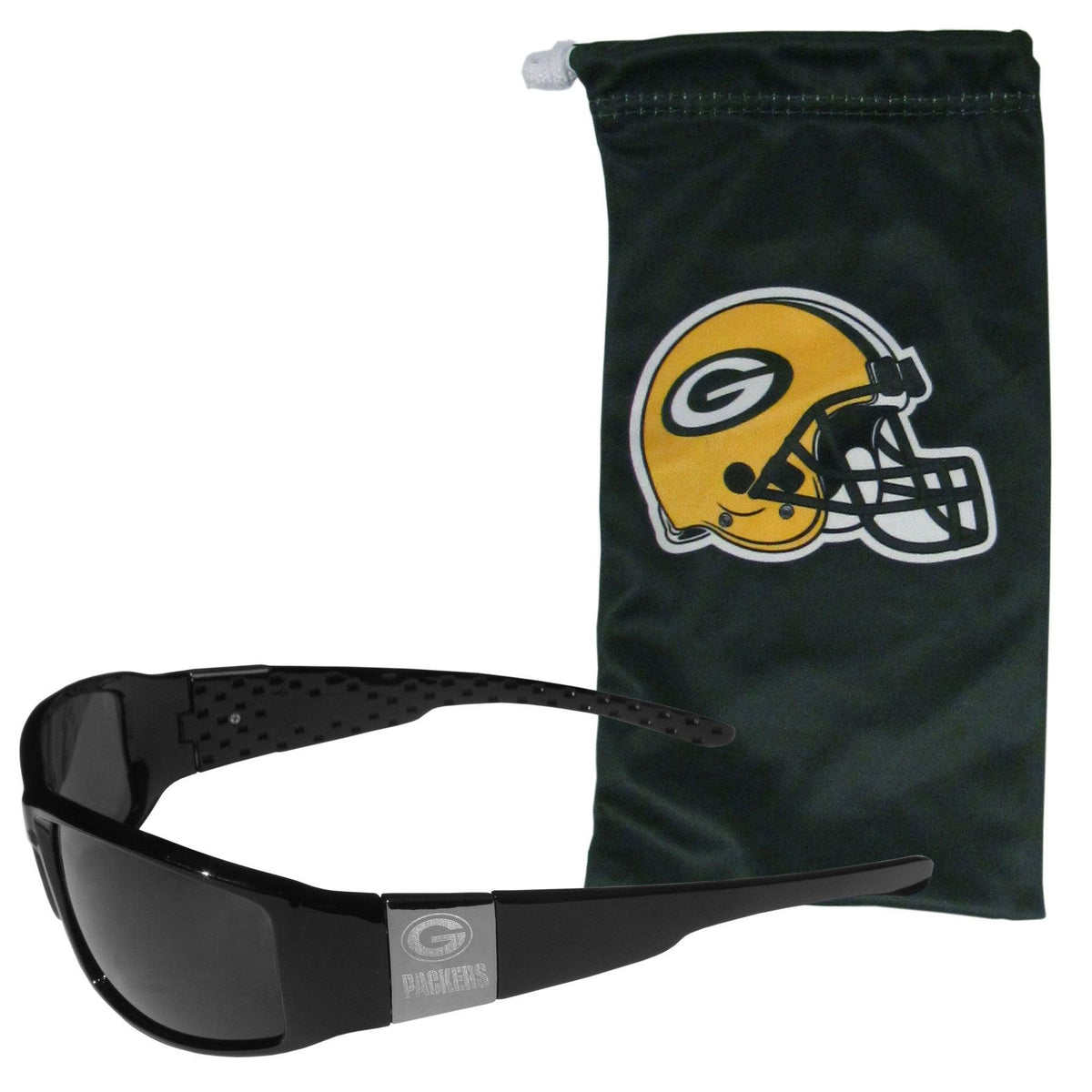 Green Bay Packers Etched Chrome Wrap Sunglasses and Bag - Siskiyou Buckle