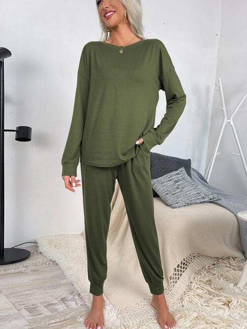 Round Neck Top and Drawstring Pants Lounge Set - Flyclothing LLC