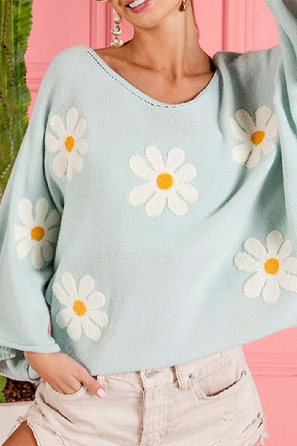 Flower Pattern Long Sleeve Sweater - Flyclothing LLC