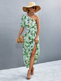 Printed Tie Waist One Shoulder Maxi Dress - Flyclothing LLC