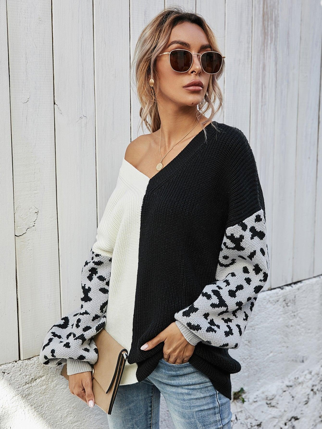 Leopard Color Block V-Neck Tunic Pullover Sweater - Flyclothing LLC