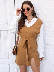 Tie Front V-Neck Sleeveless Slit Sweater Dress - Flyclothing LLC